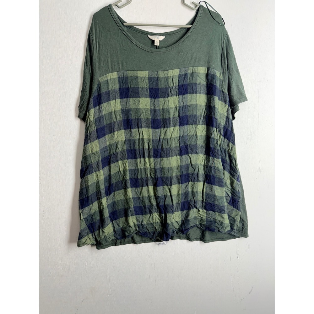 Terra & Sky Womens 2X Green Plaid Mixed Media Short Sleeve Scoop Neck Top Tee